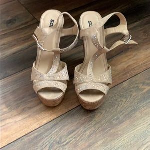 Soda nude and rhinestone cork wedge heels